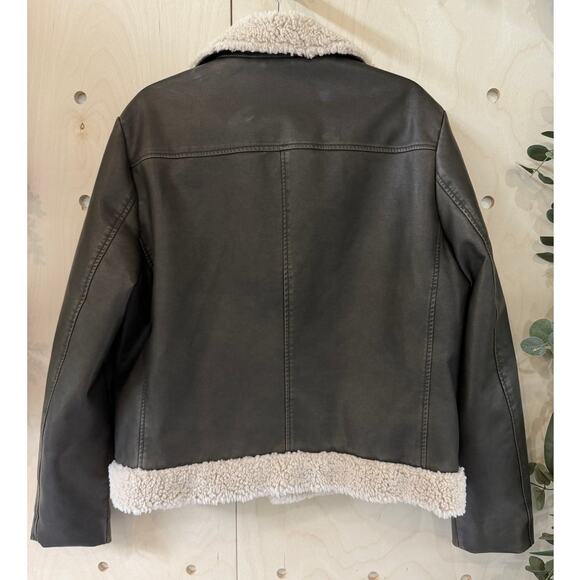 MOTHER The Mile High Aviator Jacket Size L NWT Brown Faux Leather Faux Sherpa - Picture 5 of 16